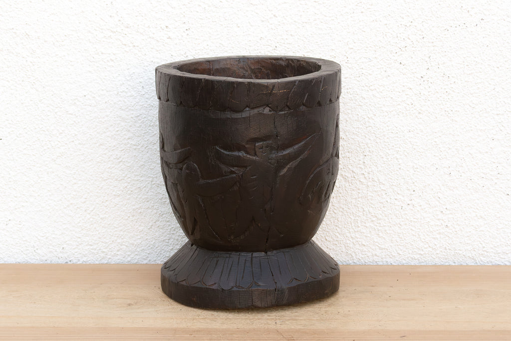 Antique Indian Ukhali Carved Wood Pot