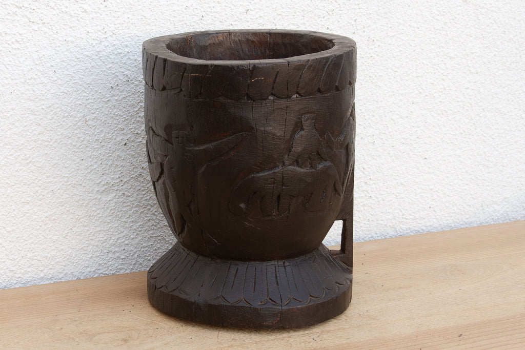 Antique Indian Ukhali Carved Wood Pot