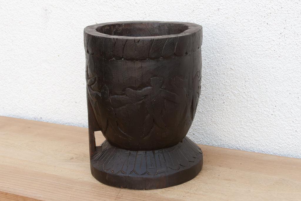 Antique Indian Ukhali Carved Wood Pot