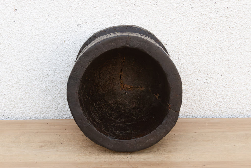 Antique Indian Ukhali Carved Wood Pot