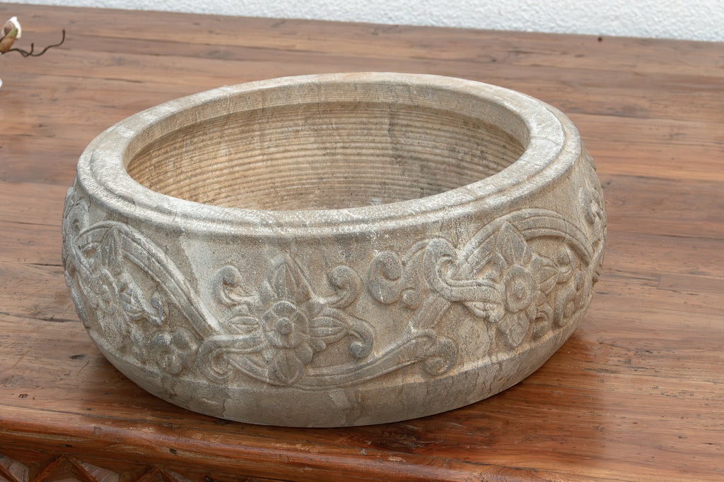Sculptural Floral Motif Stone Vessel