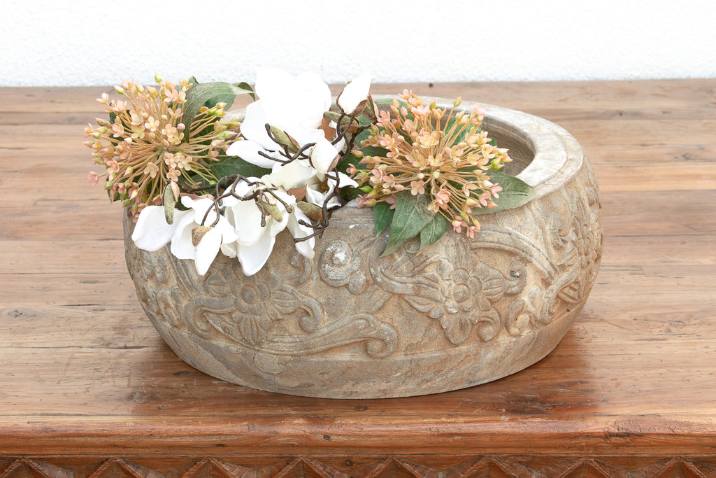 Deep Relief Floral Stone Round Bowl