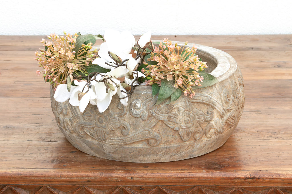 Deep Relief Floral Stone Round Bowl
