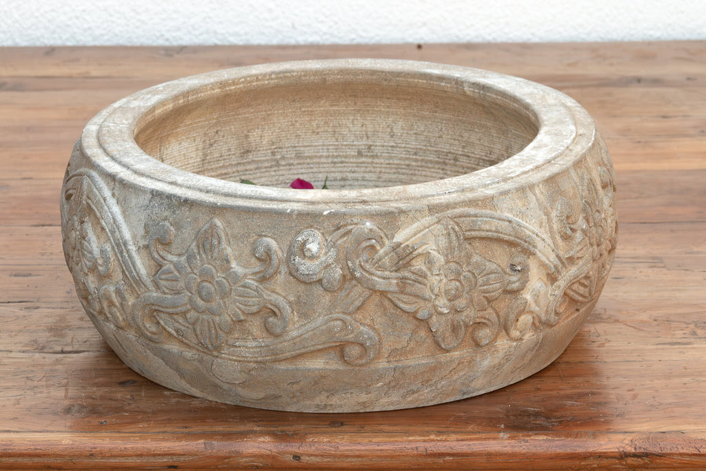 Deep Relief Floral Stone Round Bowl
