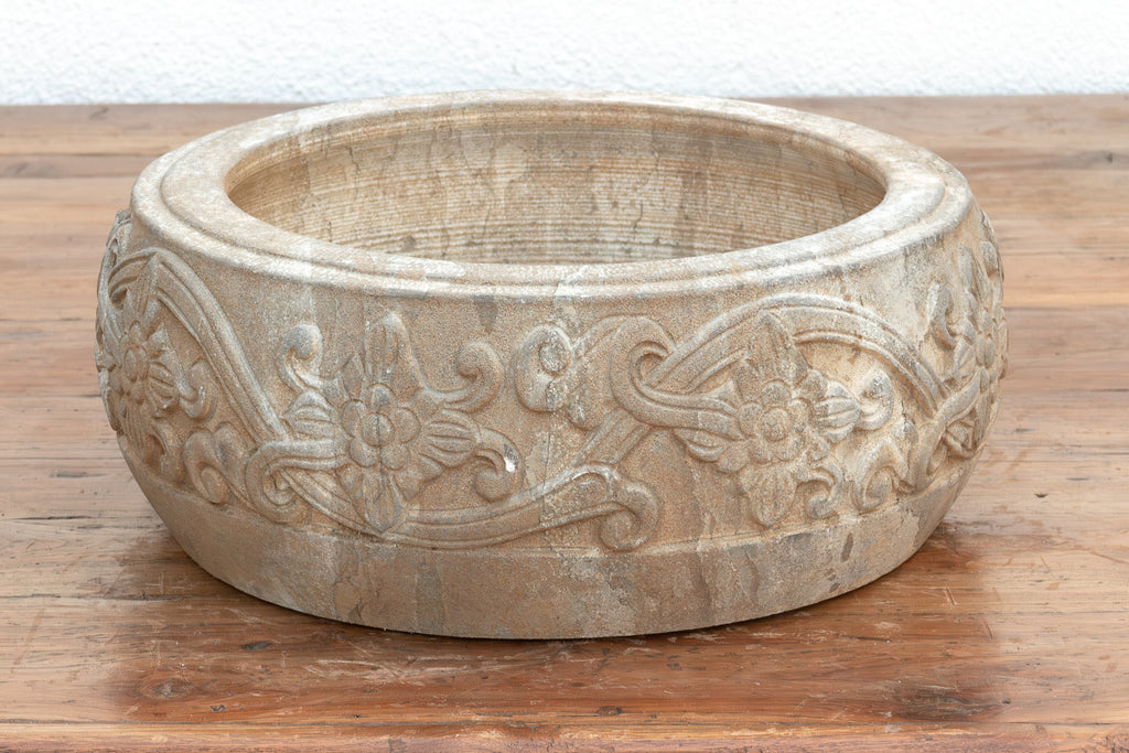 Deep Relief Floral Stone Round Bowl