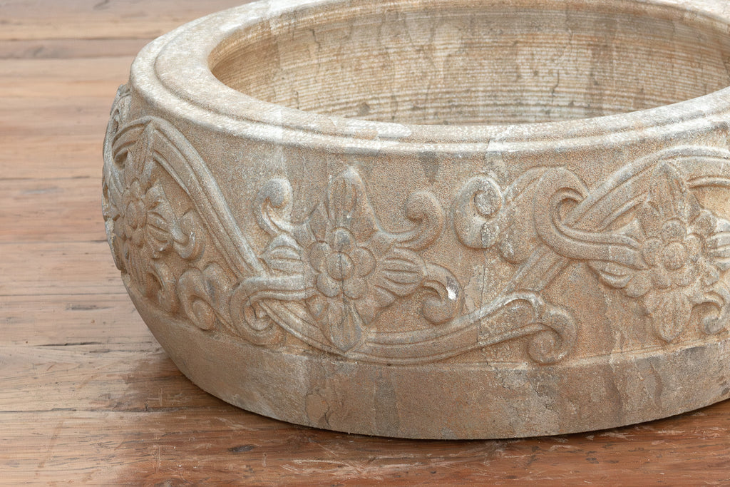 Deep Relief Floral Stone Round Bowl