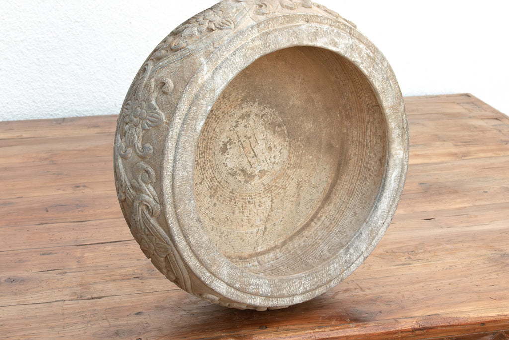 Deep Relief Floral Stone Round Bowl