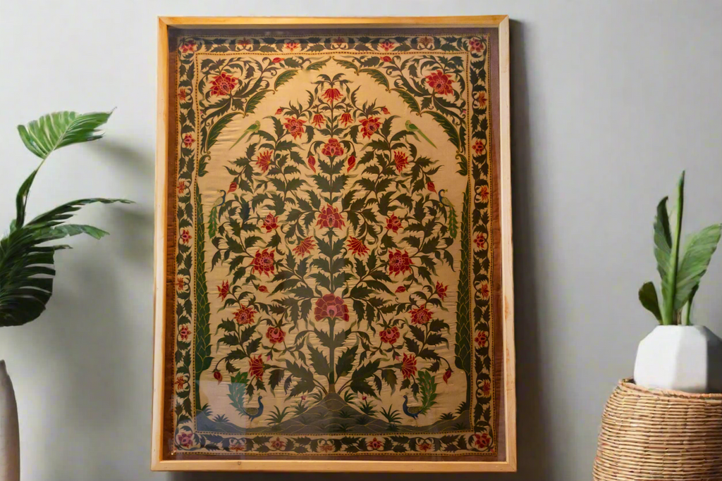 Antique Indian Mughal Framed Embroidered Wall Art