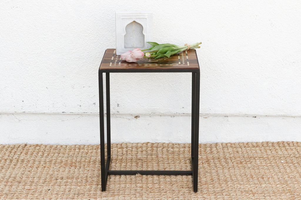 Modern Iron & Inlaid Wood Side Table