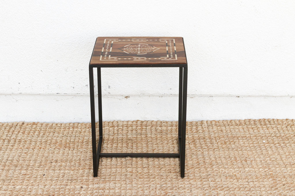 Modern Iron & Inlaid Wood Side Table