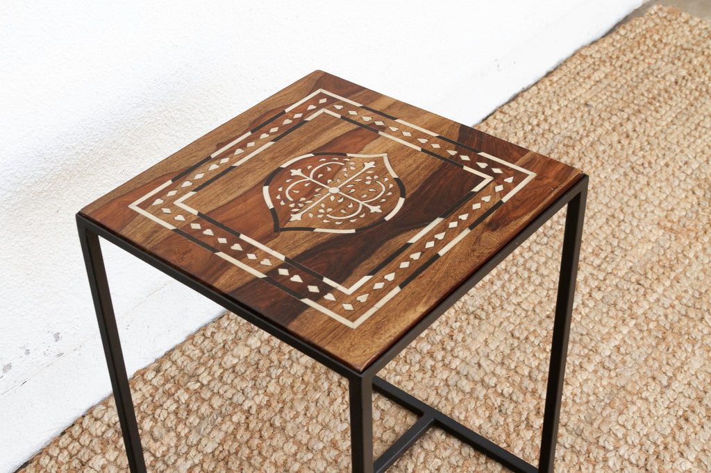 Modern Iron & Inlaid Wood Side Table