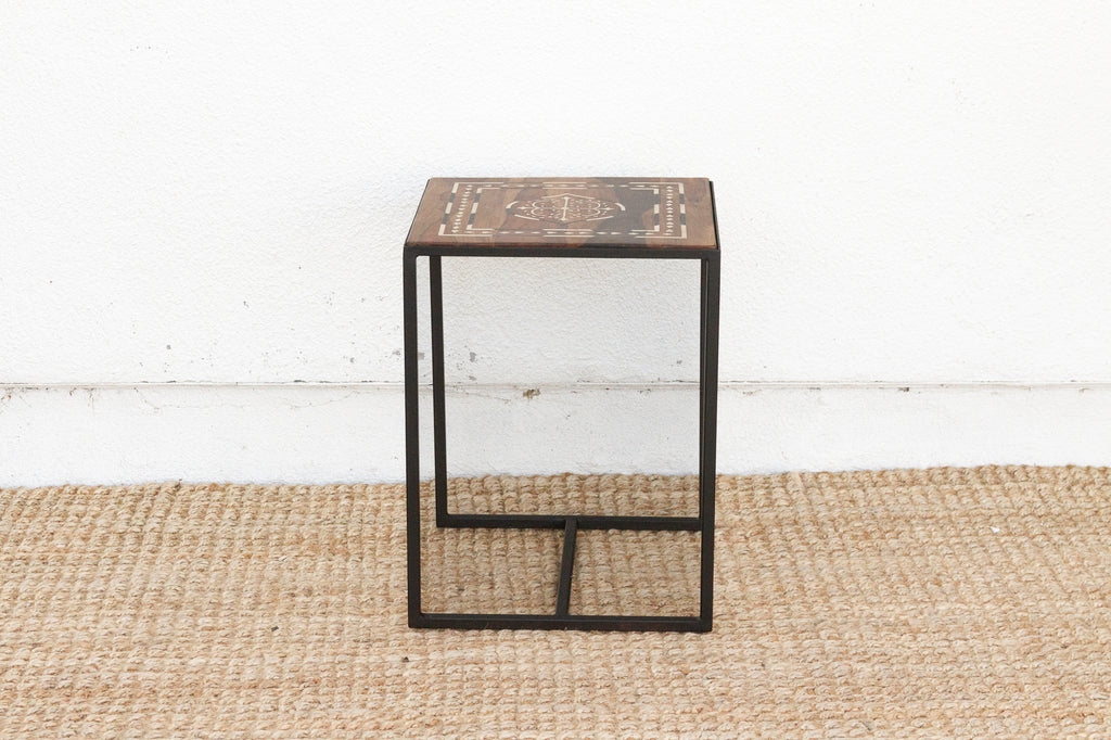 Modern Iron & Inlaid Wood Side Table