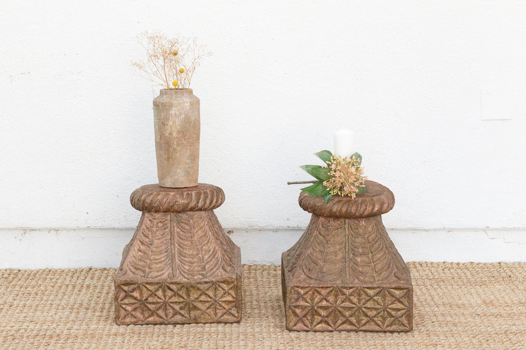 Pair of Antique Indian Pedestals with Engraved Metal