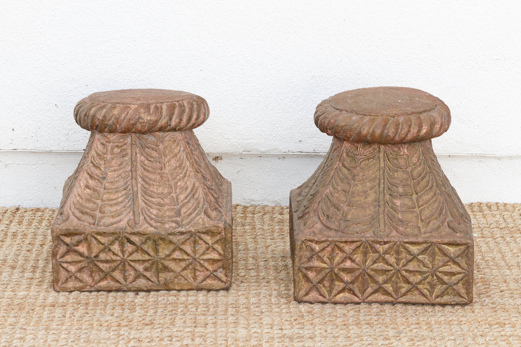 Pair of Antique Indian Pedestals with Engraved Metal
