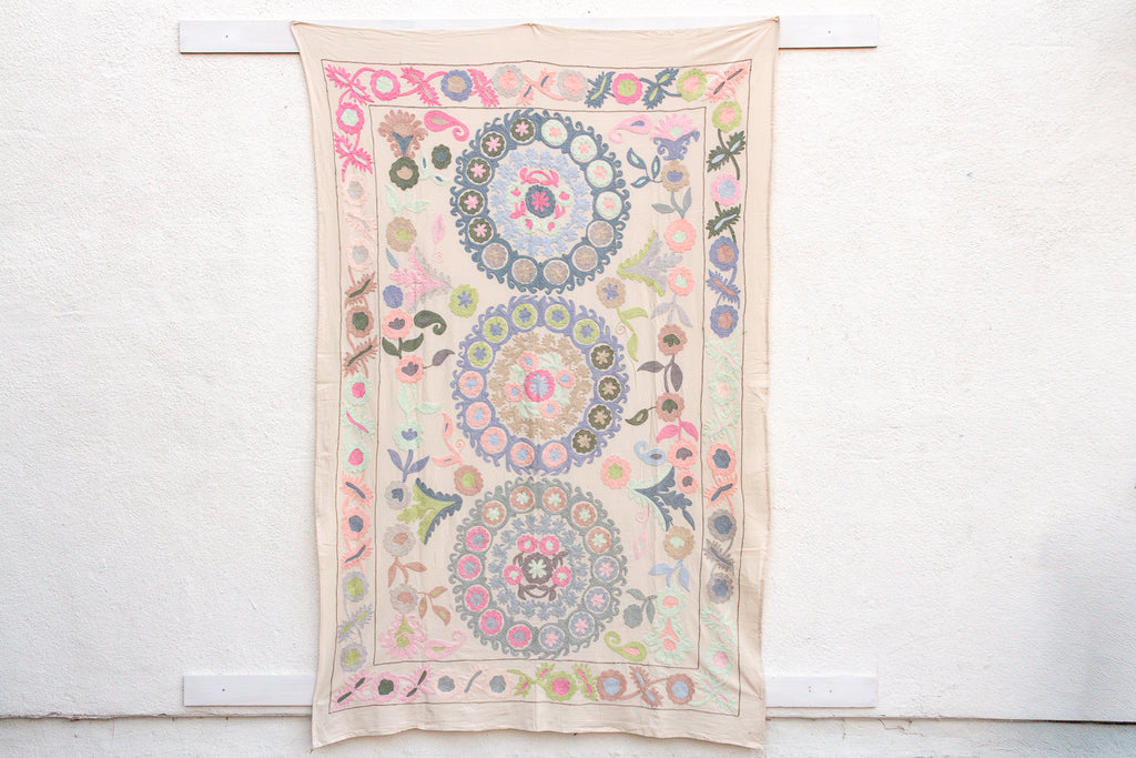 Romantic Pastel Hand Embroidered Suzani Tapestry