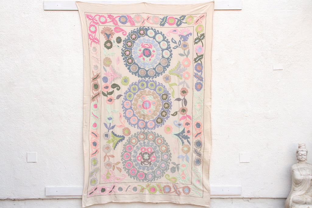 Romantic Pastel Hand Embroidered Suzani Tapestry