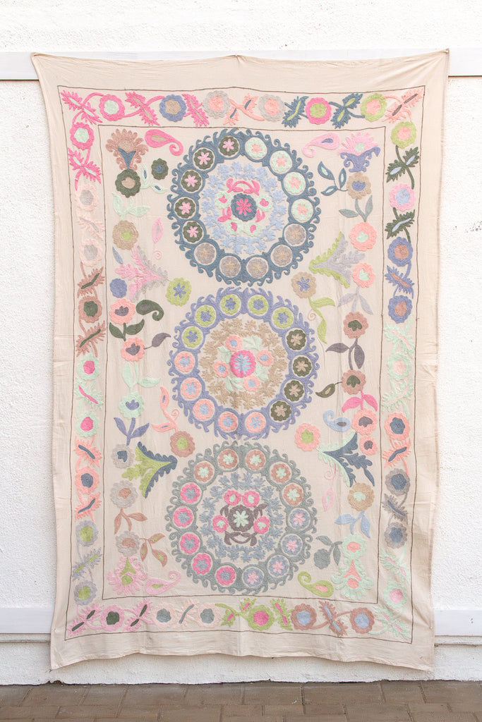 Romantic Pastel Hand Embroidered Suzani Tapestry