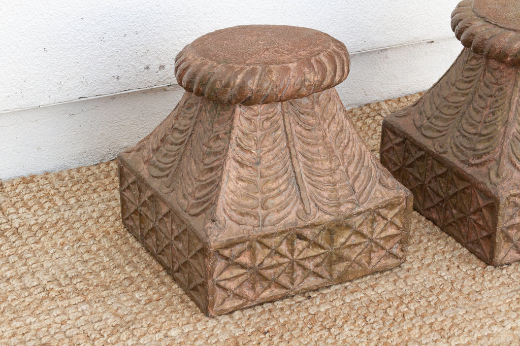 Pair of Antique Indian Pedestals with Engraved Metal
