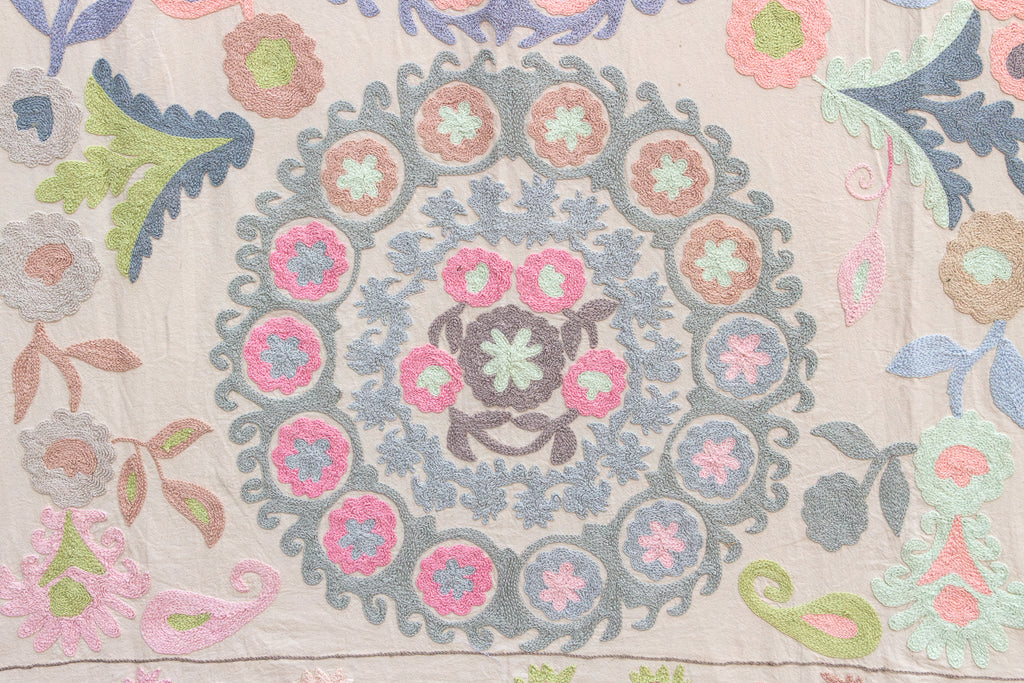 Romantic Pastel Hand Embroidered Suzani Tapestry