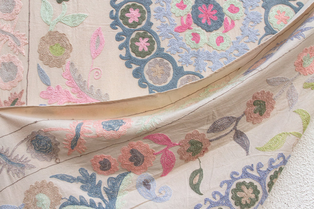 Romantic Pastel Hand Embroidered Suzani Tapestry
