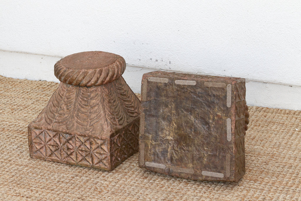 Pair of Antique Indian Pedestals with Engraved Metal