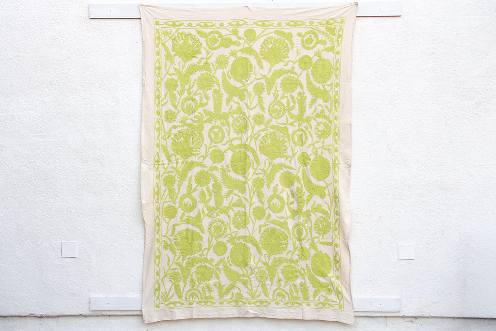 Vibrant Lime Green Hand-Embroidered Suzani Tapestry