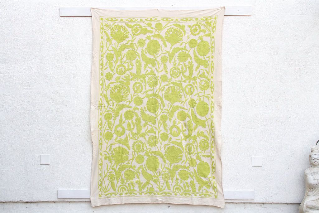 Vibrant Lime Green Hand-Embroidered Suzani Tapestry