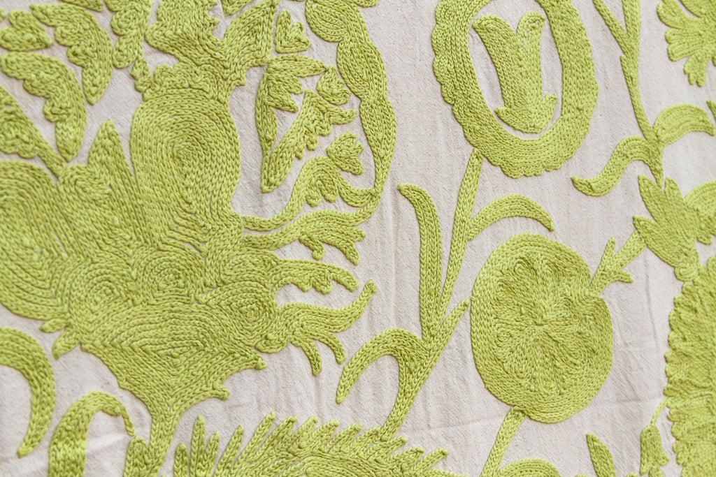 Vibrant Lime Green Hand-Embroidered Suzani Tapestry