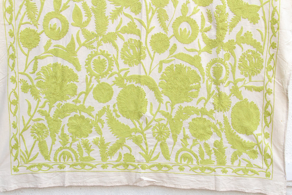 Vibrant Lime Green Hand-Embroidered Suzani Tapestry