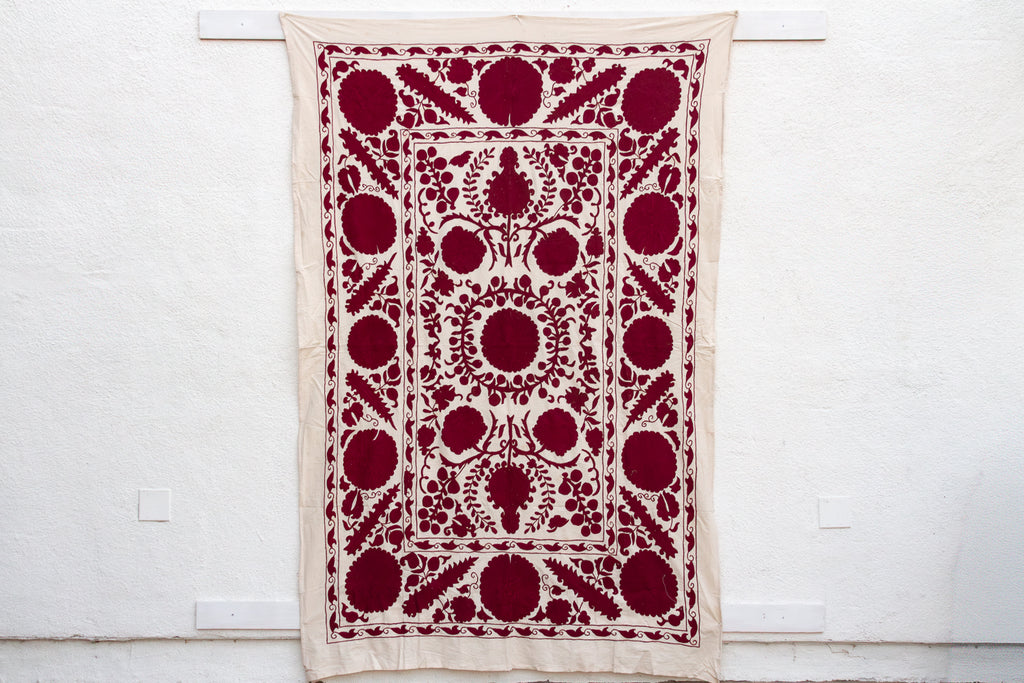 Deep Raspberry Red Hand-Embroidered Suzani Throw