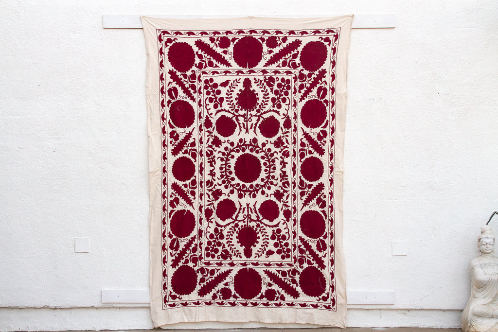 Deep Raspberry Red Hand-Embroidered Suzani Throw