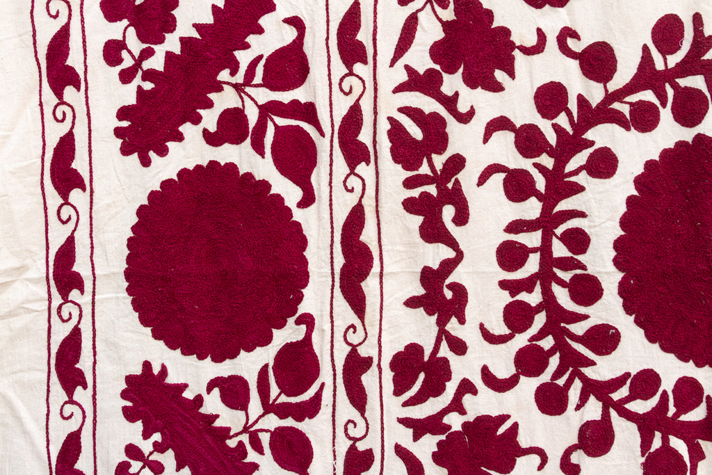 Deep Raspberry Red Hand-Embroidered Suzani Throw