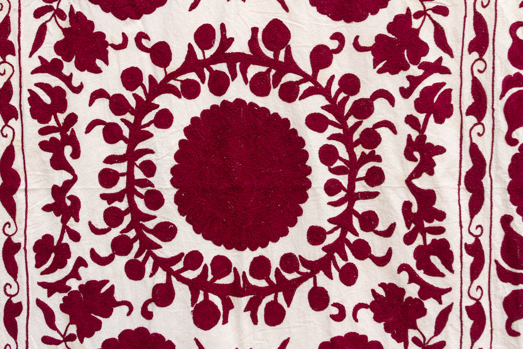 Deep Raspberry Red Hand-Embroidered Suzani Throw