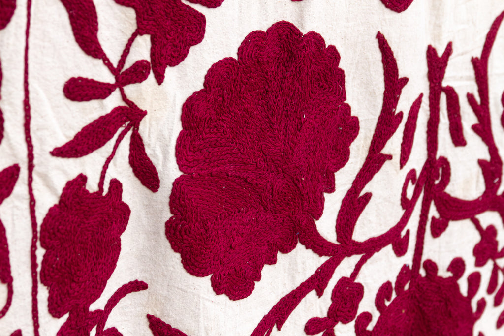Deep Raspberry Red Hand-Embroidered Suzani Throw
