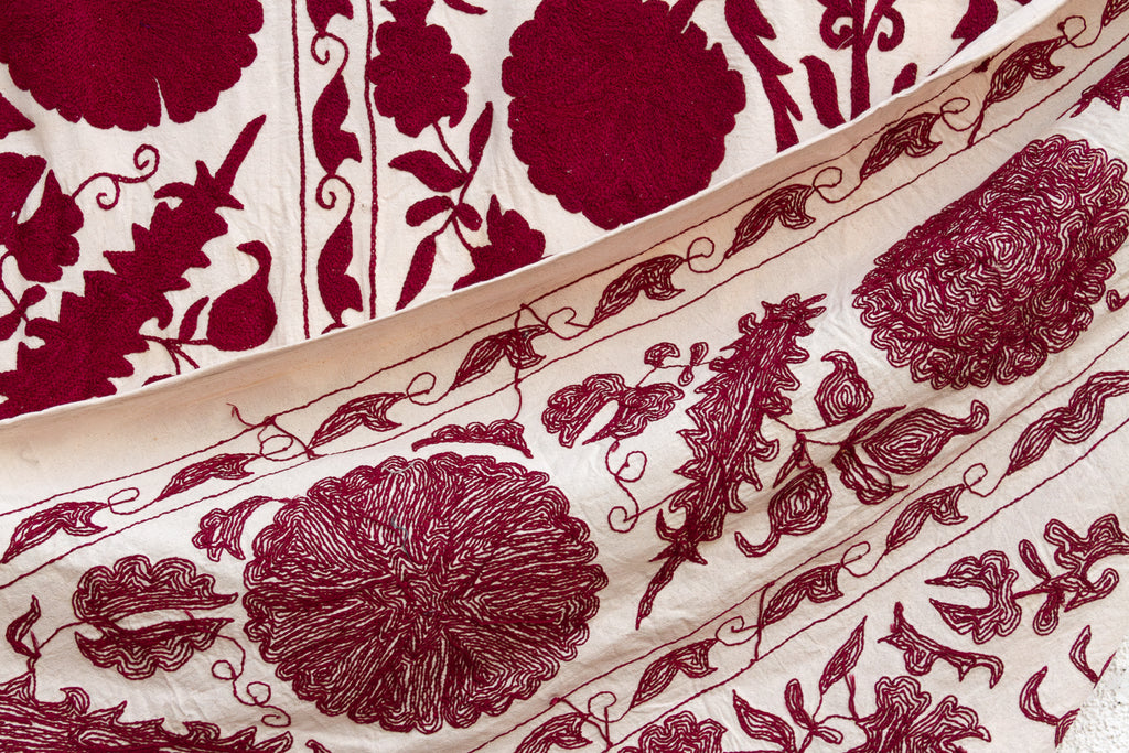 Deep Raspberry Red Hand-Embroidered Suzani Throw