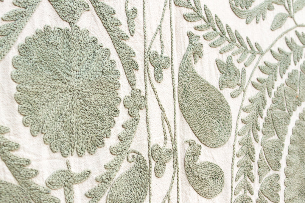 Sage Paisley Hand-Embroidered Suzani Throw