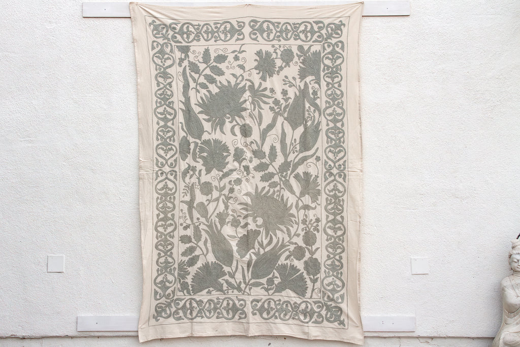 Exquisite Pearl Tone Hand-Embroidered Suzani Throw