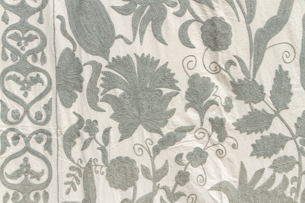 Exquisite Pearl Tone Hand-Embroidered Suzani Throw