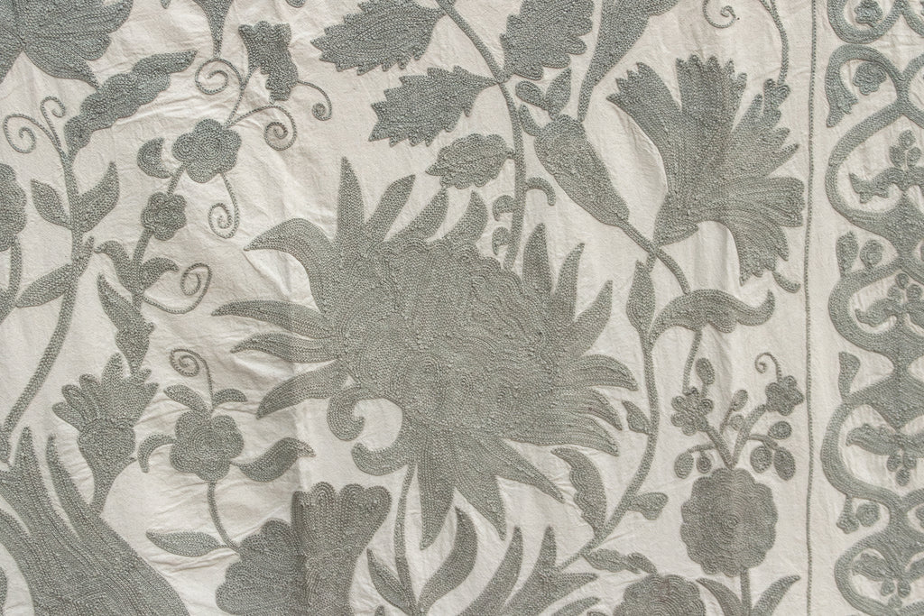 Exquisite Pearl Tone Hand-Embroidered Suzani Throw