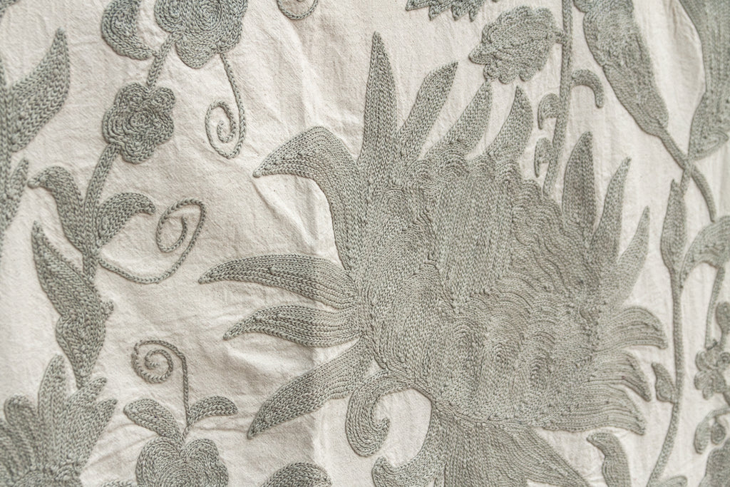 Exquisite Pearl Tone Hand-Embroidered Suzani Throw