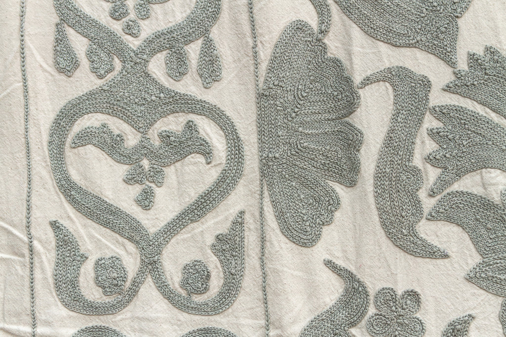 Exquisite Pearl Tone Hand-Embroidered Suzani Throw