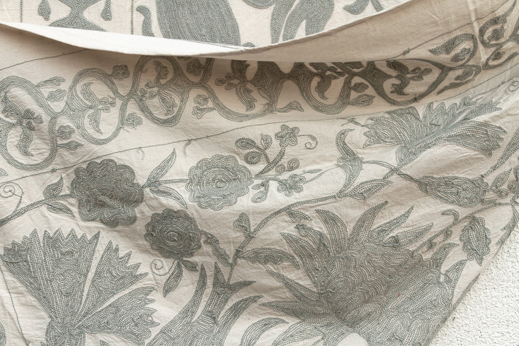 Exquisite Pearl Tone Hand-Embroidered Suzani Throw