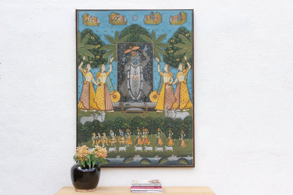 Large Vintage Krishna & Gopis Indian Devotional Painting