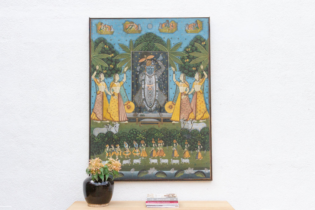 Large Vintage Krishna & Gopis Indian Devotional Painting