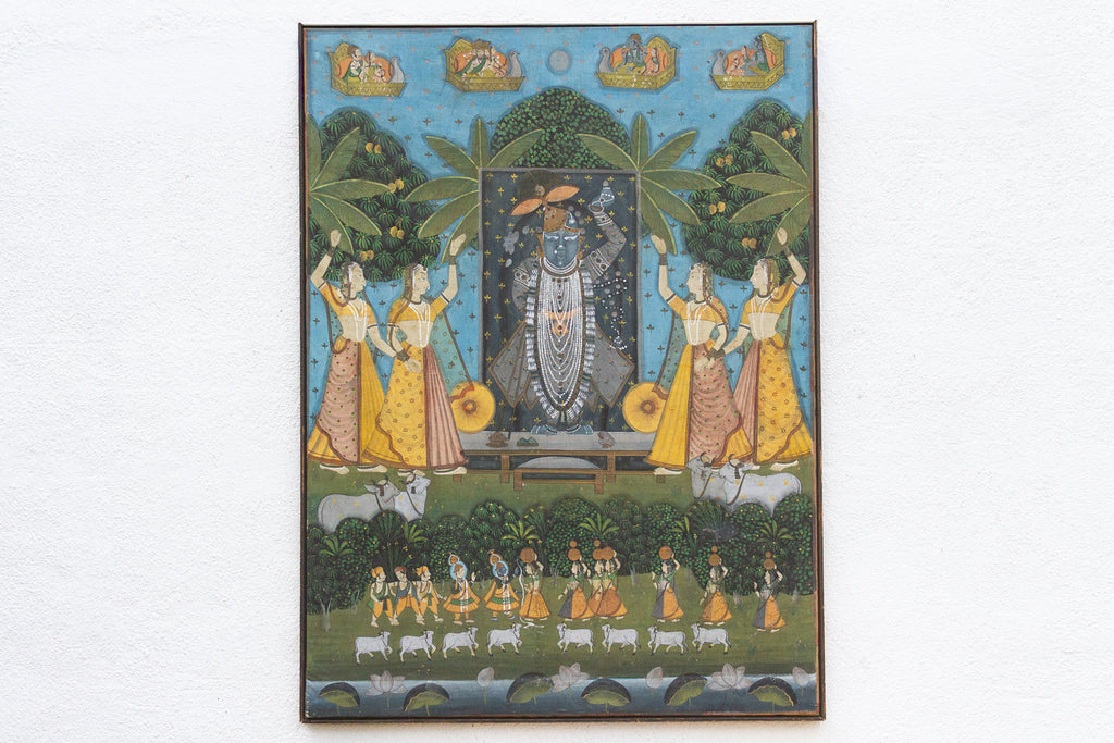 Large Vintage Krishna & Gopis Indian Devotional Painting