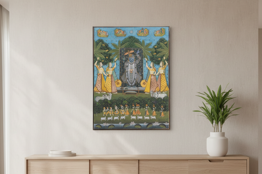 Large Vintage Krishna & Gopis Indian Devotional Painting