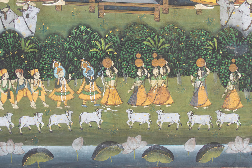 Large Vintage Krishna & Gopis Indian Devotional Painting