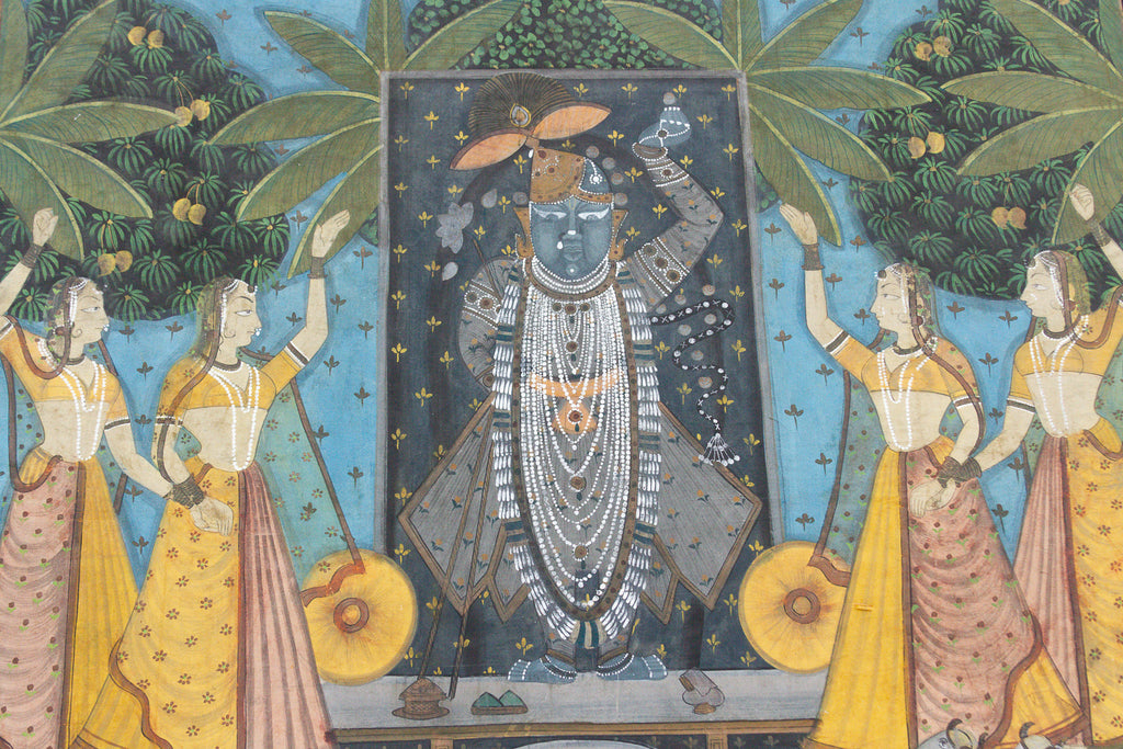 Large Vintage Krishna & Gopis Indian Devotional Painting