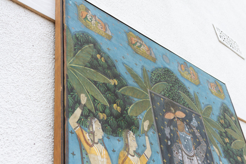 Large Vintage Krishna & Gopis Indian Devotional Painting