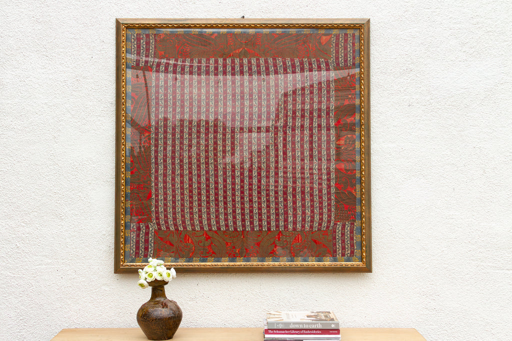 Framed Antique Silk Red & Gold Woven Wall Art